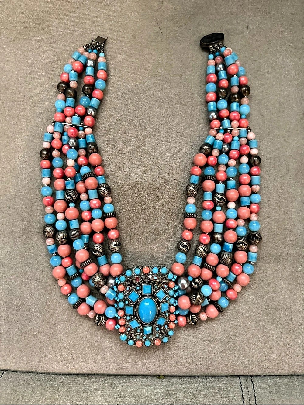 Southwestern Beaded Statement Necklace in Blue & Coral